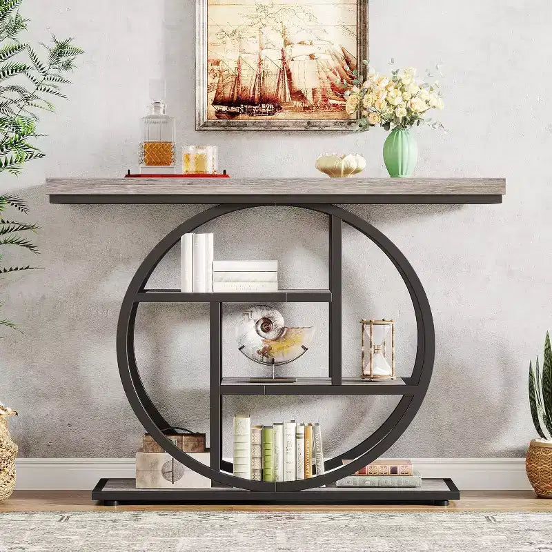 Tavolo Consolle Industriale, Base a 4 Livelli a Cerchio, Nero/Marrone/Grigio/Bianco, Portata fino a 45 kg