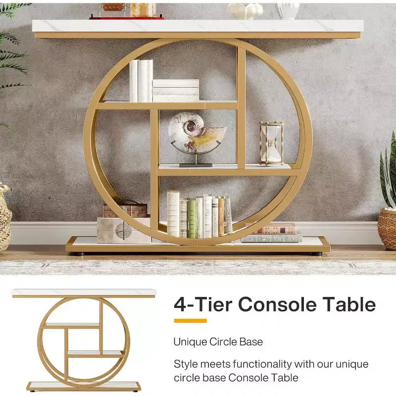 Tavolo Consolle Industriale, Base a 4 Livelli a Cerchio, Nero/Marrone/Grigio/Bianco, Portata fino a 45 kg