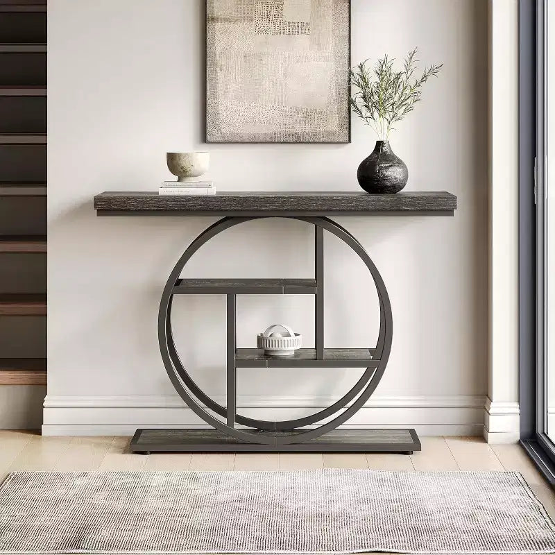 Tavolo Consolle Industriale, Base a 4 Livelli a Cerchio, Nero/Marrone/Grigio/Bianco, Portata fino a 45 kg