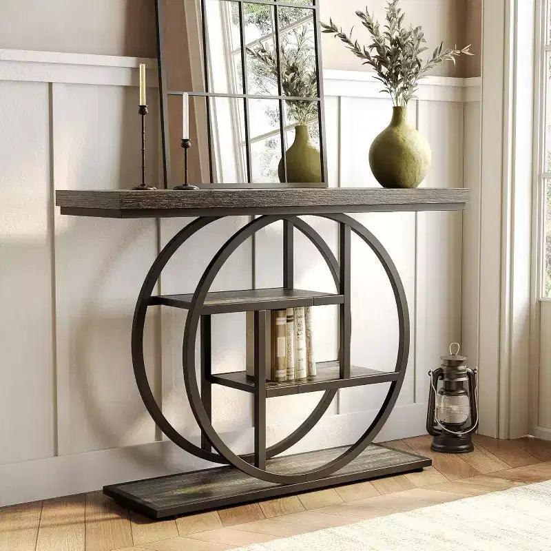 Tavolo Consolle Industriale, Base a 4 Livelli a Cerchio, Nero/Marrone/Grigio/Bianco, Portata fino a 45 kg