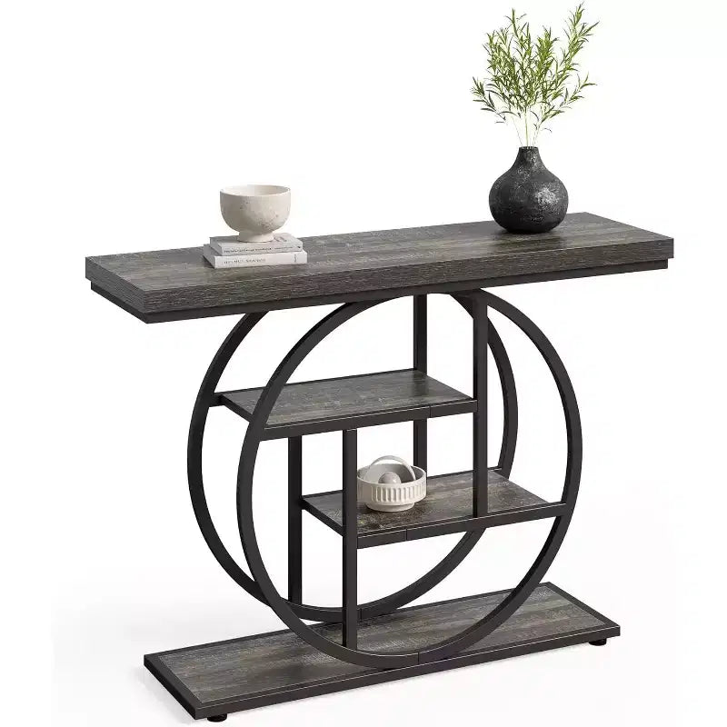 Tavolo Consolle Industriale, Base a 4 Livelli a Cerchio, Nero/Marrone/Grigio/Bianco, Portata fino a 45 kg
