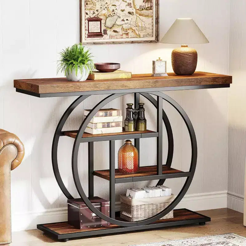 Tavolo Consolle Industriale, Base a 4 Livelli a Cerchio, Nero/Marrone/Grigio/Bianco, Portata fino a 45 kg