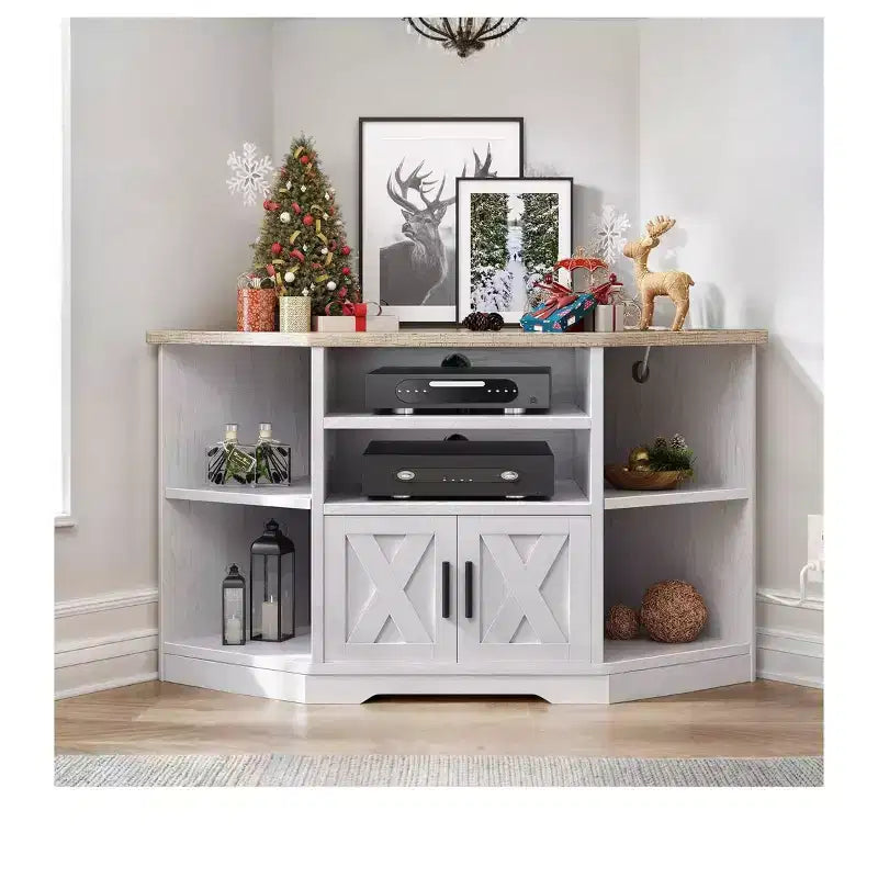 Farmhouse Corner TV Stand for 50 Inch TV, Entertainment Center with Storage and Power Outlet , TV Console Cabinet for Living Room