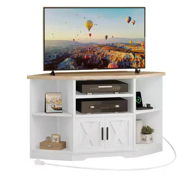 Mobile TV ad angolo nero, ripiano aperto e armadietto, adatto a TV fino a 55", montaggio a 2 persone