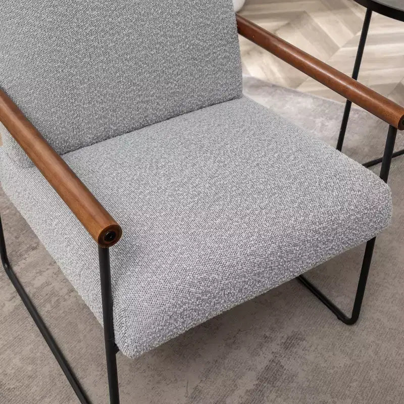 Poltrona accent Bouclé beige/grigia – Braccioli curvi in legno, seduta singola