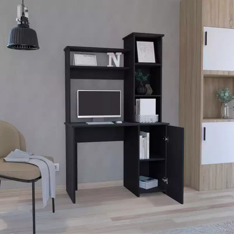 Scrivania bianca e nera con ripiani, armadietto e libreria a 3 ripiani - 1 persona