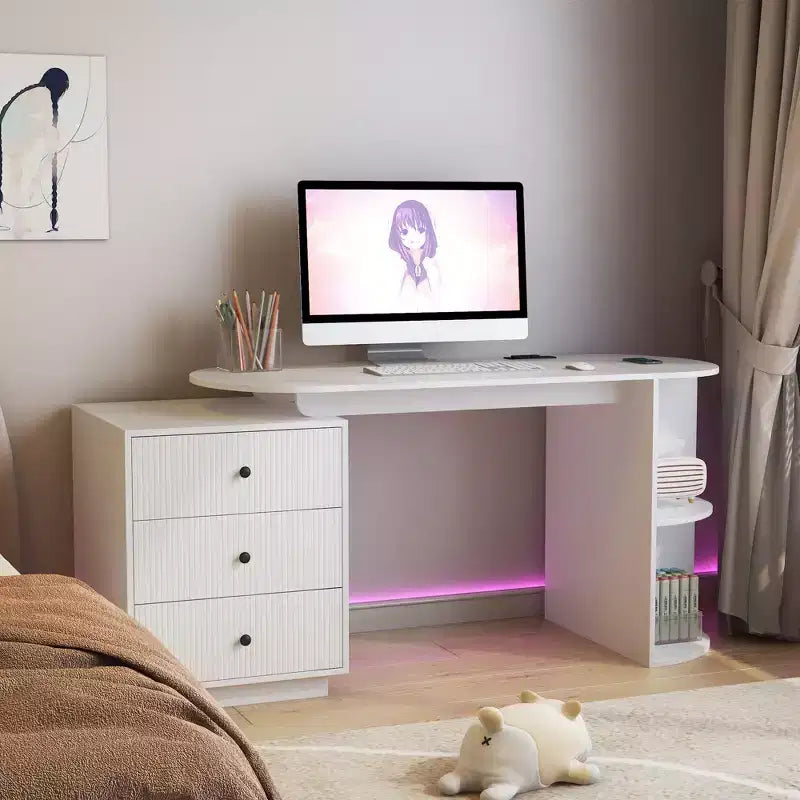 TUYOHW Expandable Modern Home Office Desk,Computer Desk with 3 Drawers,4 Shelves,Power Outlets,USB Ports,Adjustable Width Executive Desk for Office