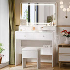 BALHAM TRADE-Vanity Desk with LED Mirror 3 Light Modes Power Outlet 4 Drawers Hidden Storage Chair