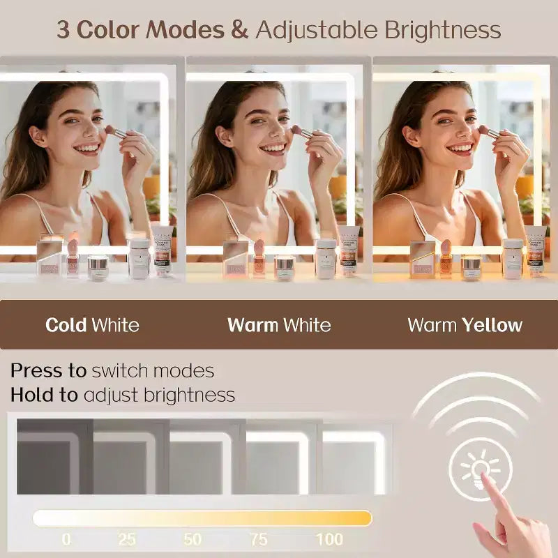 Scrivania da trucco bianca con specchio LED, 4 cassetti e sgabello con vano portaoggetti nascosto - 1 persona