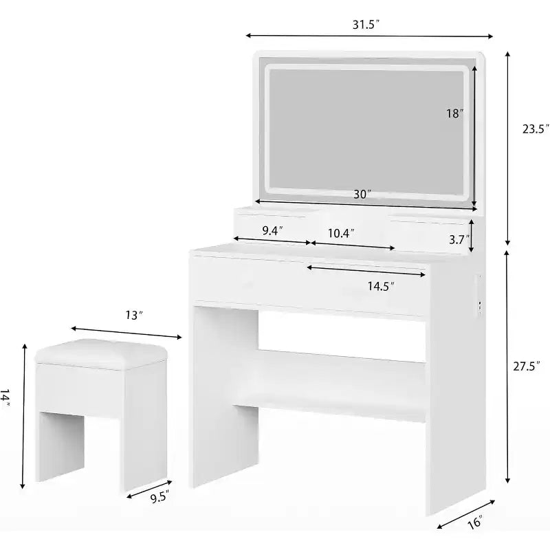 Scrivania da trucco bianca con specchio LED, 4 cassetti e sgabello con vano portaoggetti nascosto - 1 persona