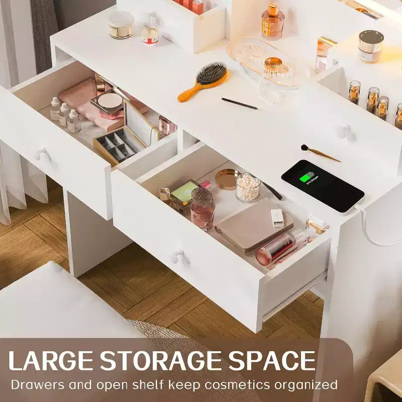 Scrivania da trucco bianca con specchio LED, 4 cassetti e sgabello con vano portaoggetti nascosto - 1 persona