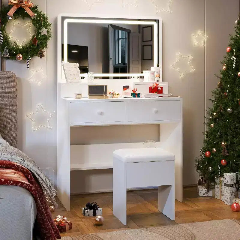 Scrivania da trucco bianca con specchio LED, 4 cassetti e sgabello con vano portaoggetti nascosto - 1 persona