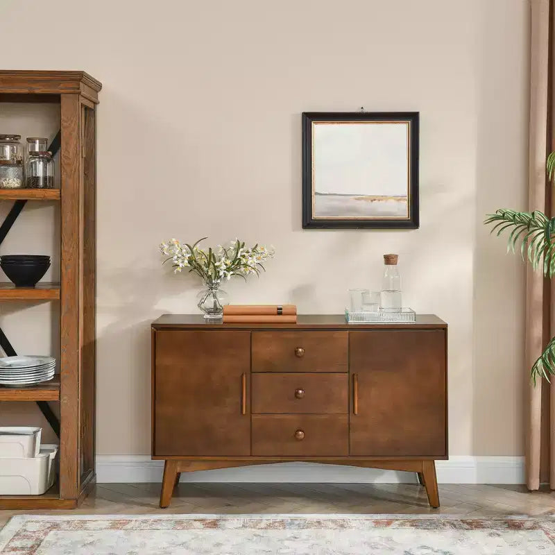 JVNOXK 47.3-inch Mid-Century Modern Sideboard with Storage, Featuring 2 Doors and 3 Drawers, Suitable for Dining Room, Walnut Finish