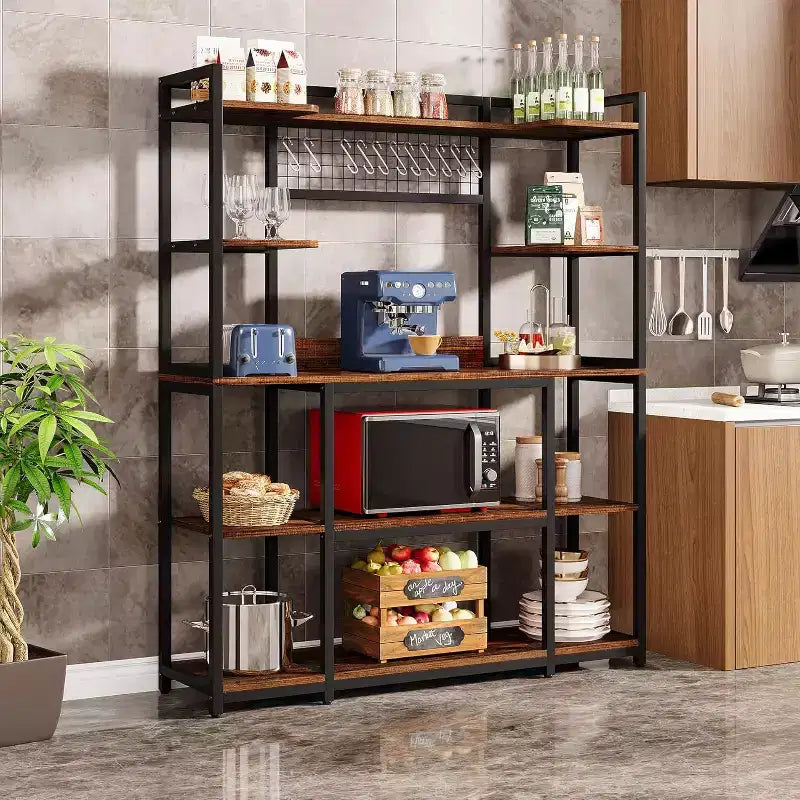 Scaffale da Forno a 5 Ripiani Marrone Rustico con Struttura in Metallo, 11 Ganci – Montaggio da 1 Persona