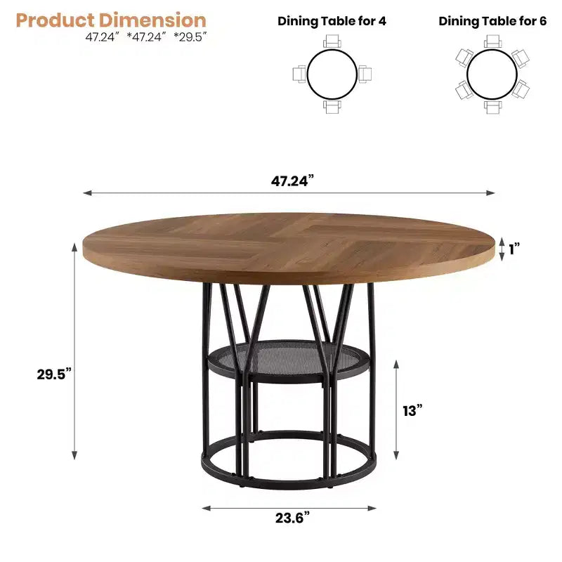 Tavolo da pranzo rotondo da 120 cm, nero/marrone/rovere, 4-6 posti, base in metallo con ripiano contenitore