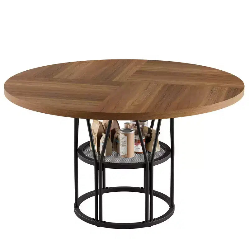 Tavolo da pranzo rotondo da 120 cm, nero/marrone/rovere, 4-6 posti, base in metallo con ripiano contenitore