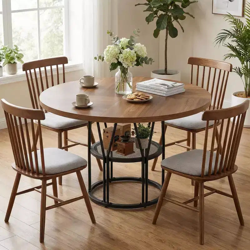 Tavolo da pranzo rotondo da 120 cm, nero/marrone/rovere, 4-6 posti, base in metallo con ripiano contenitore