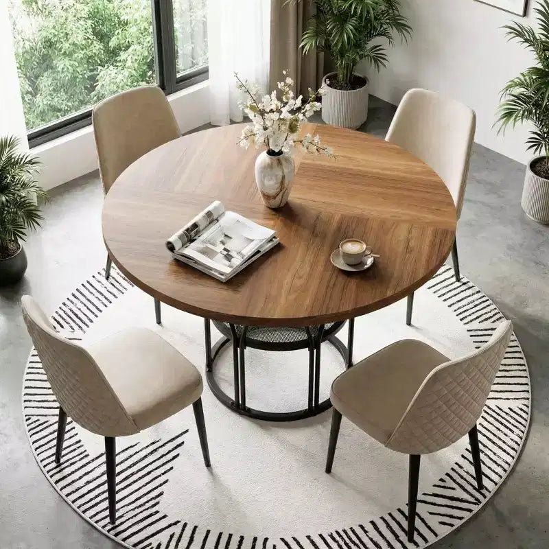 Tavolo da pranzo rotondo da 120 cm, nero/marrone/rovere, 4-6 posti, base in metallo con ripiano contenitore