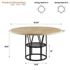 Tavolo da pranzo rotondo da 120 cm, nero/marrone/rovere, 4-6 posti, base in metallo con ripiano contenitore