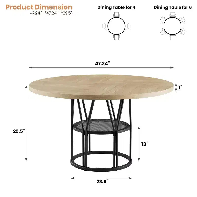 Tavolo da pranzo rotondo da 120 cm, nero/marrone/rovere, 4-6 posti, base in metallo con ripiano contenitore