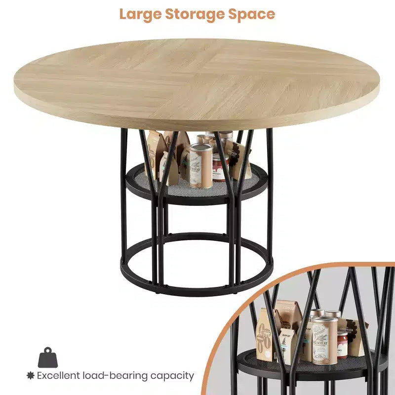 Tavolo da pranzo rotondo da 120 cm, nero/marrone/rovere, 4-6 posti, base in metallo con ripiano contenitore