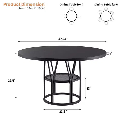 Tavolo da pranzo rotondo da 120 cm, nero/marrone/rovere, 4-6 posti, base in metallo con ripiano contenitore