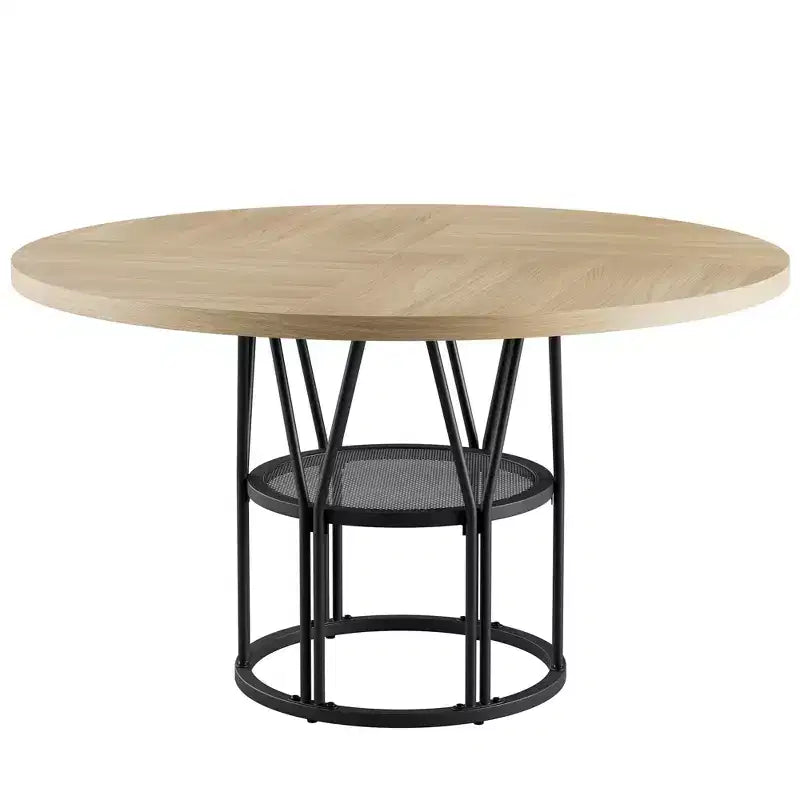 Tavolo da pranzo rotondo da 120 cm, nero/marrone/rovere, 4-6 posti, base in metallo con ripiano contenitore
