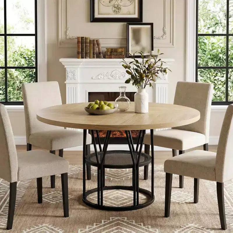 Tavolo da pranzo rotondo da 120 cm, nero/marrone/rovere, 4-6 posti, base in metallo con ripiano contenitore