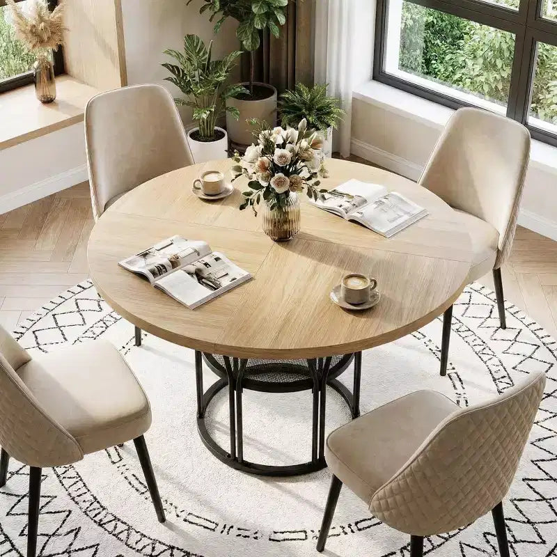 Tavolo da pranzo rotondo da 120 cm, nero/marrone/rovere, 4-6 posti, base in metallo con ripiano contenitore