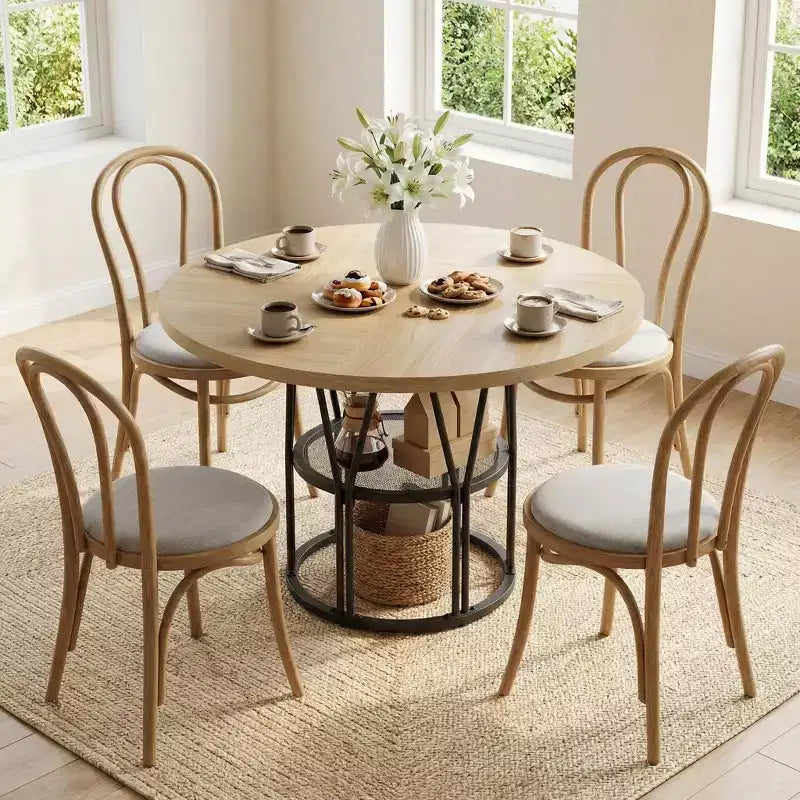Tavolo da pranzo rotondo da 120 cm, nero/marrone/rovere, 4-6 posti, base in metallo con ripiano contenitore
