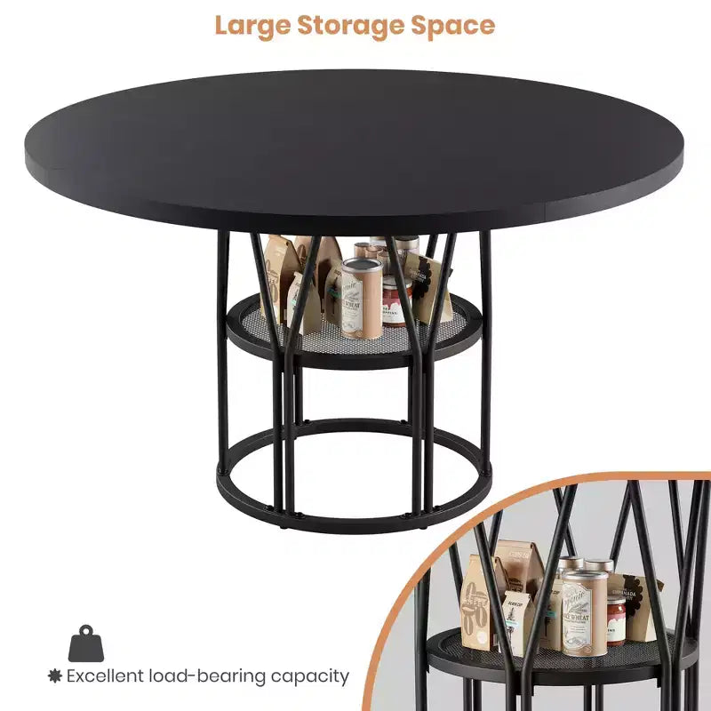 Tavolo da pranzo rotondo da 120 cm, nero/marrone/rovere, 4-6 posti, base in metallo con ripiano contenitore