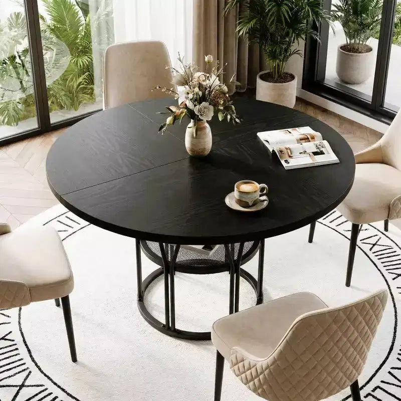Tavolo da pranzo rotondo da 120 cm, nero/marrone/rovere, 4-6 posti, base in metallo con ripiano contenitore
