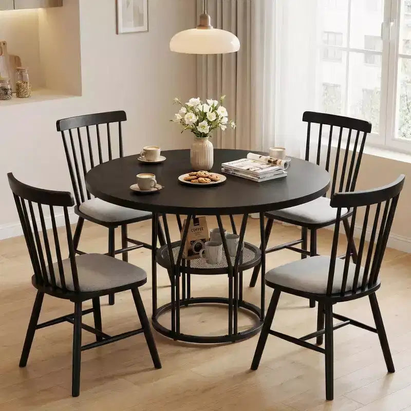 Tavolo da pranzo rotondo da 120 cm, nero/marrone/rovere, 4-6 posti, base in metallo con ripiano contenitore
