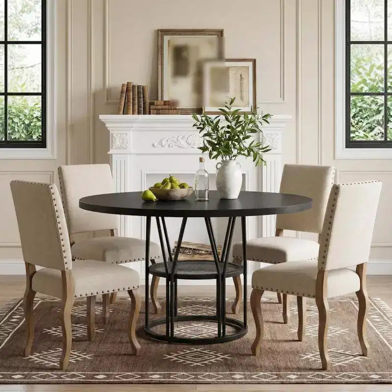 Tavolo da pranzo rotondo da 120 cm, nero/marrone/rovere, 4-6 posti, base in metallo con ripiano contenitore