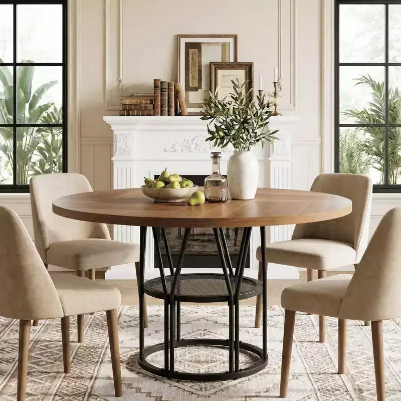 Tavolo da pranzo rotondo da 120 cm, nero/marrone/rovere, 4-6 posti, base in metallo con ripiano contenitore