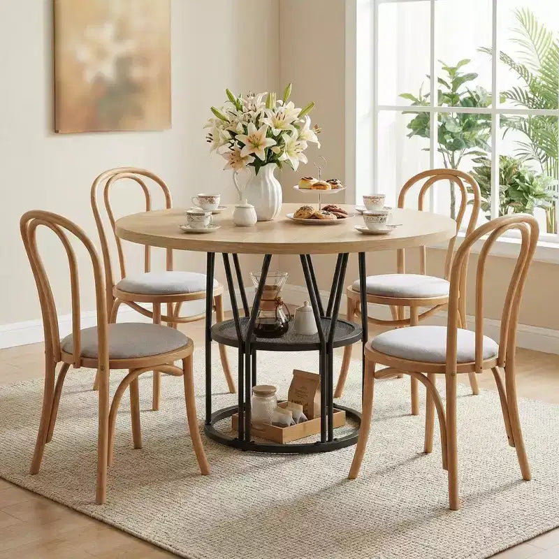 Tavolo da pranzo rotondo da 120 cm, nero/marrone/rovere, 4-6 posti, base in metallo con ripiano contenitore