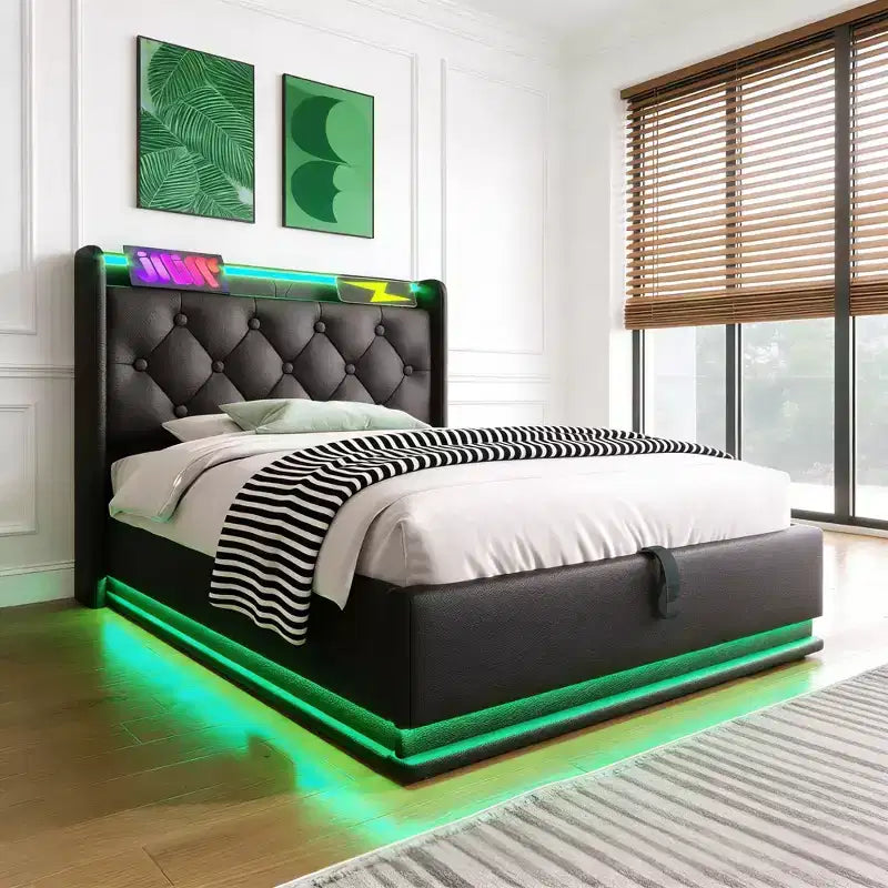 Letto singolo imbottito con contenitore nero/grigio con luci RGB e porte USB, 1 posto