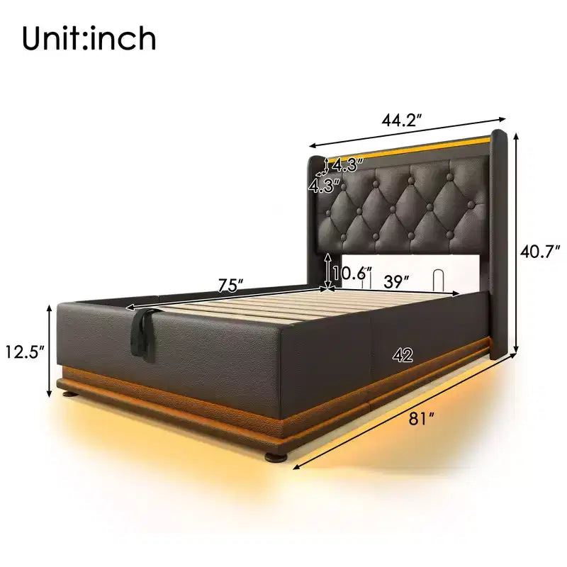 Letto singolo imbottito con contenitore nero/grigio con luci RGB e porte USB, 1 posto