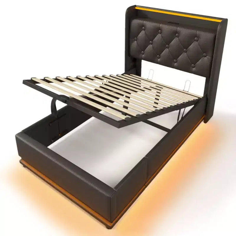 Letto singolo imbottito con contenitore nero/grigio con luci RGB e porte USB, 1 posto