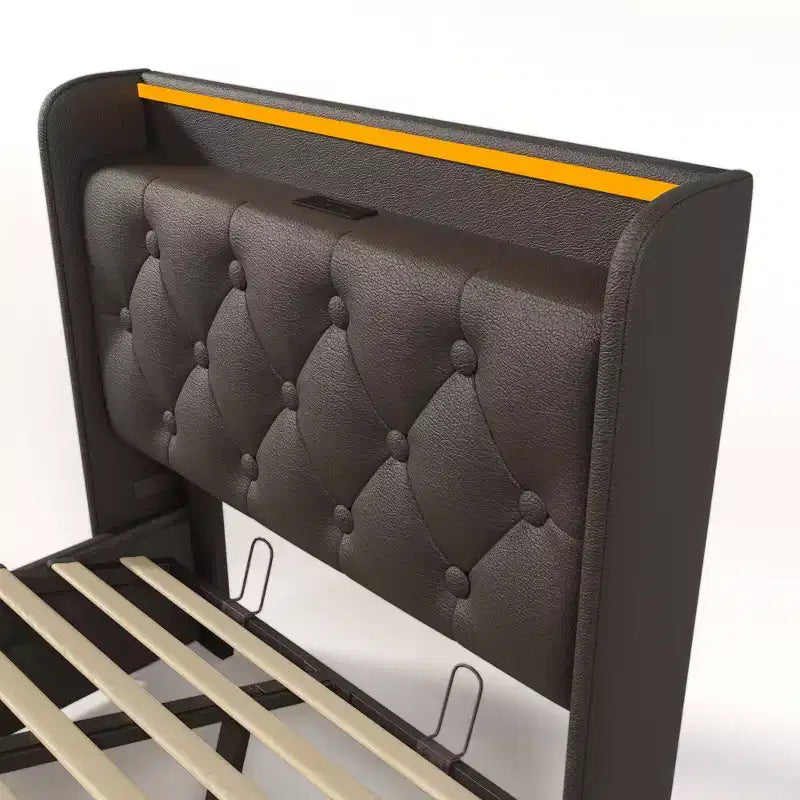 Letto singolo imbottito con contenitore nero/grigio con luci RGB e porte USB, 1 posto