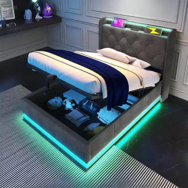 Letto singolo imbottito con contenitore nero/grigio con luci RGB e porte USB, 1 posto