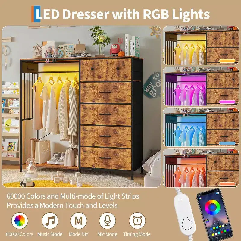 Nero/Marrone/Grigio/Bianco | Cassettiera a 6 cassetti con appendiabiti, LED e stazione di ricarica | 1 persona
