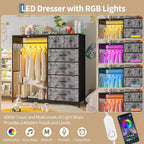 Nero/Marrone/Grigio/Bianco | Cassettiera a 6 cassetti con appendiabiti, LED e stazione di ricarica | 1 persona