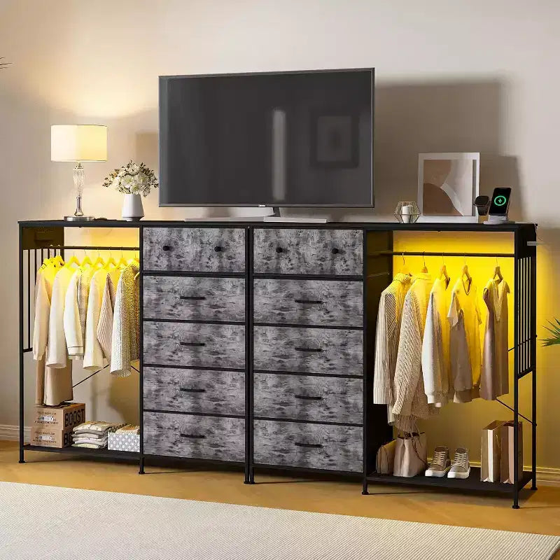 Nero/Marrone/Grigio/Bianco | Cassettiera a 6 cassetti con appendiabiti, LED e stazione di ricarica | 1 persona