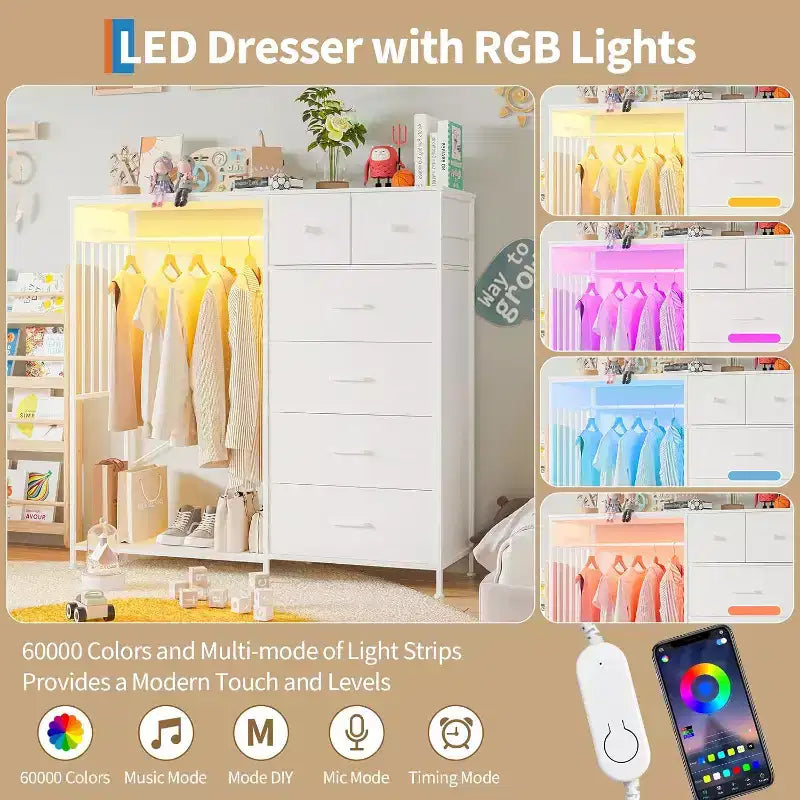 Nero/Marrone/Grigio/Bianco | Cassettiera a 6 cassetti con appendiabiti, LED e stazione di ricarica | 1 persona