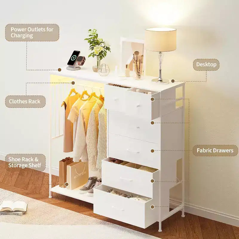 Nero/Marrone/Grigio/Bianco | Cassettiera a 6 cassetti con appendiabiti, LED e stazione di ricarica | 1 persona