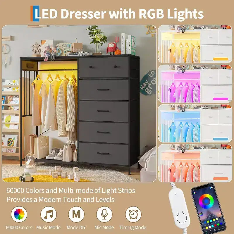 Nero/Marrone/Grigio/Bianco | Cassettiera a 6 cassetti con appendiabiti, LED e stazione di ricarica | 1 persona