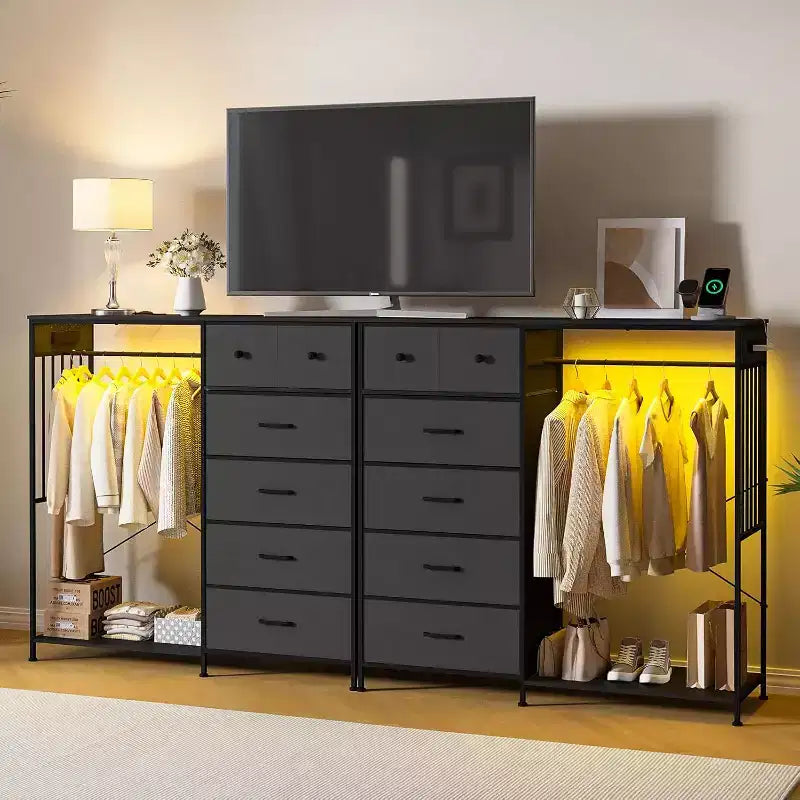 Nero/Marrone/Grigio/Bianco | Cassettiera a 6 cassetti con appendiabiti, LED e stazione di ricarica | 1 persona