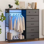 COZONY 49 Dresser w/ Hanging Rack & LED Lights, 6-Drawer Closet Organizer with Charging Station, Tall Storage Tower, Reversible Wood Top Chest