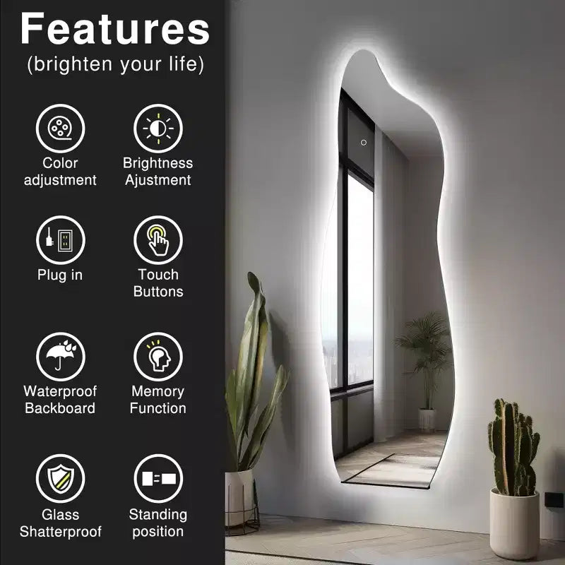Specchio a figura intera a LED nero asimmetrico, da terra, 61x160 cm, 1 persona